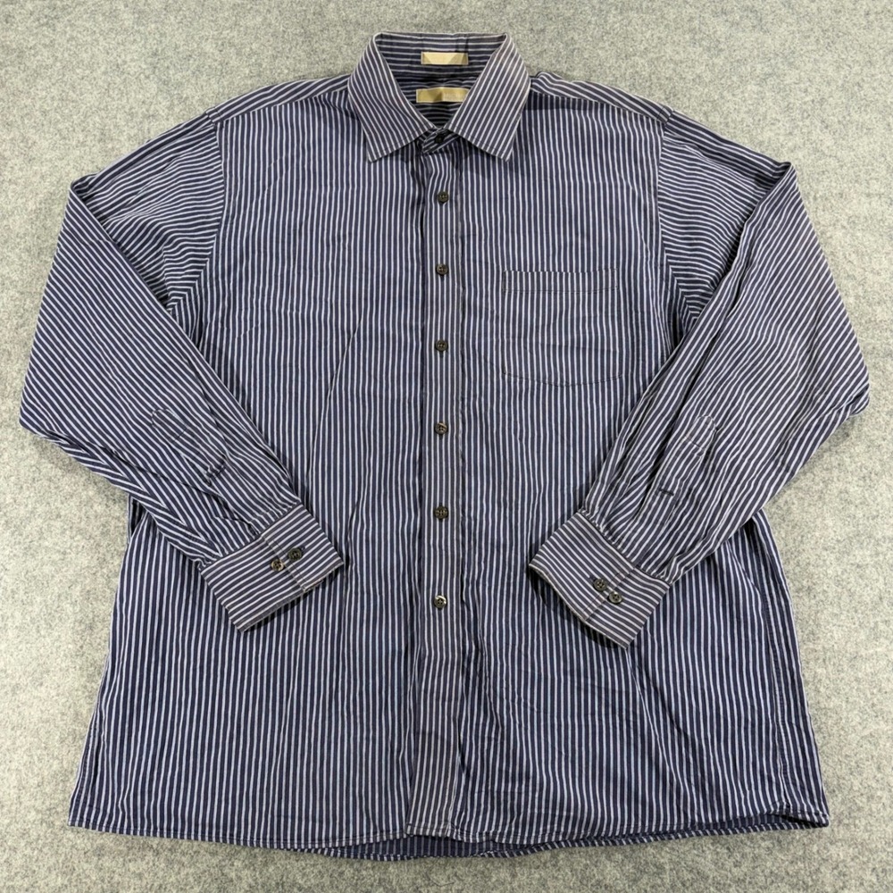 Michael Kors Mens XL Blue White Striped Long Sleeve Cotton Button Down Shirt